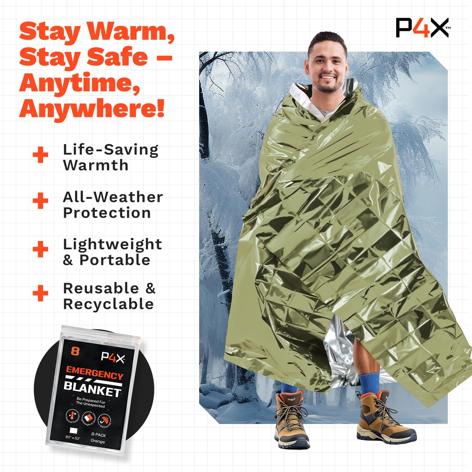 Mylar Emergency Blanket Waterproof Thermal Rip Resistant 8 Pack Survival Outdoor