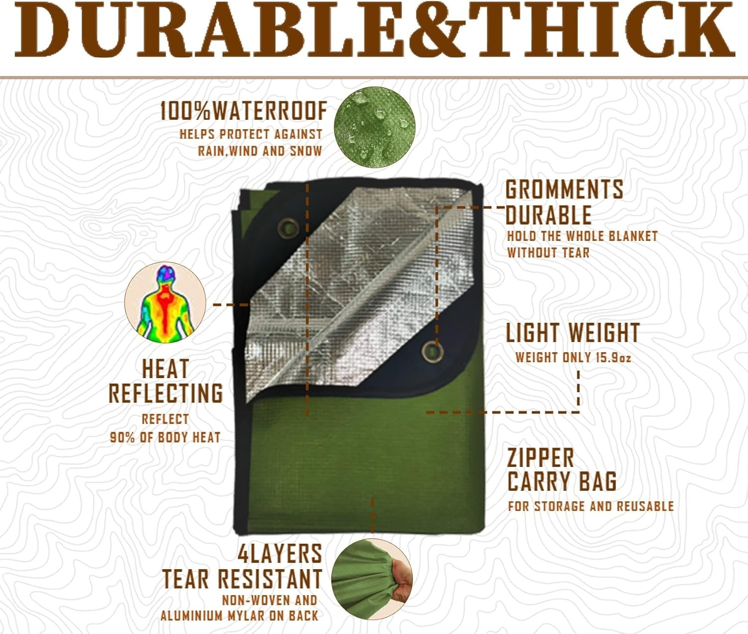 Heavy Duty Survival Blanket -Multifunctional Reflective Tarp Thermal Blanket – 6