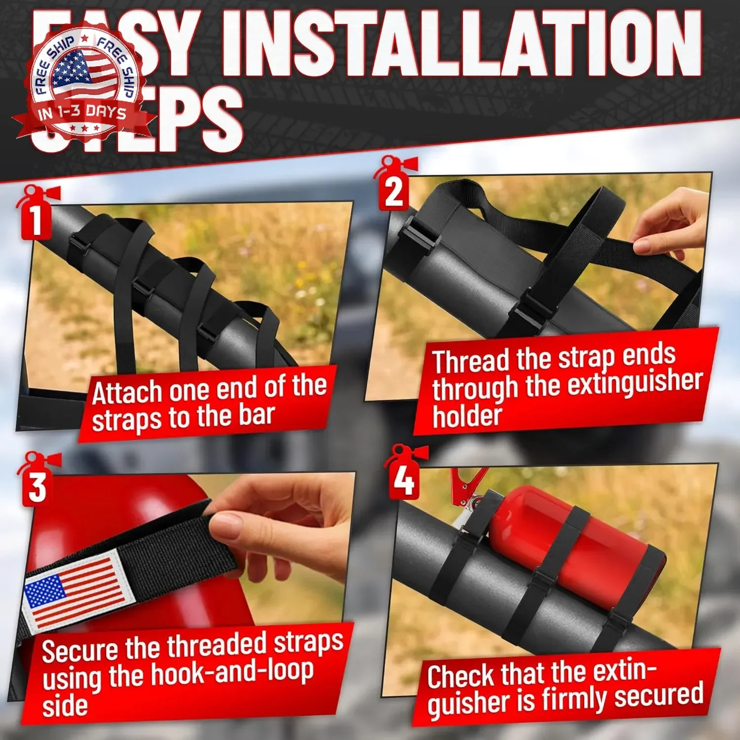 Fire Extinguisher Mount for Vehicle – Adjustable Nylon Strap Fix, No-Drill, Roll