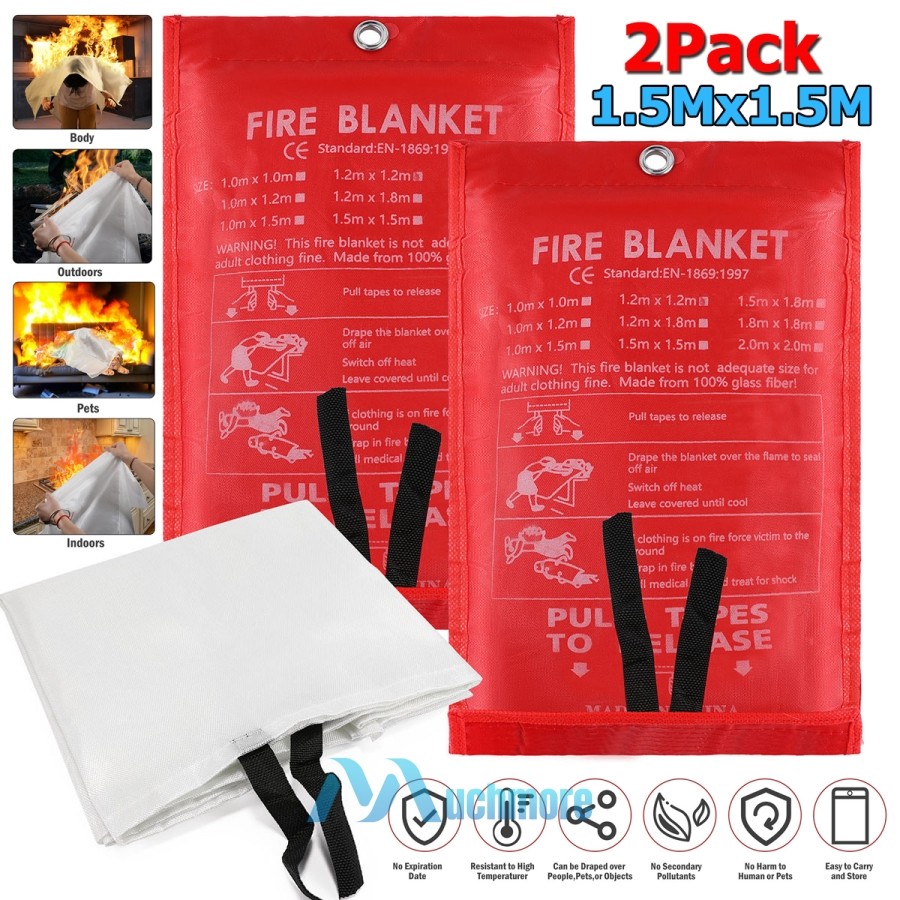2X Emergency Fire Blanket Quick Release Home Retardant Prepared 1.5m x1.5mx0.3mm
