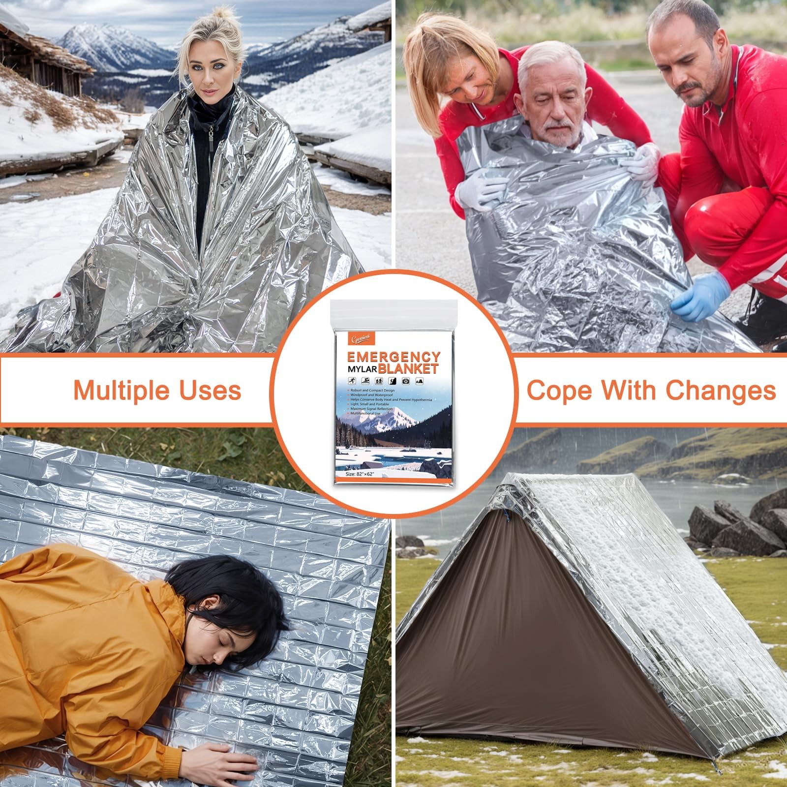 6 Pack Large 82” x 62” Survival Emergency Mylar Thermal Blankets, Thermal Su…