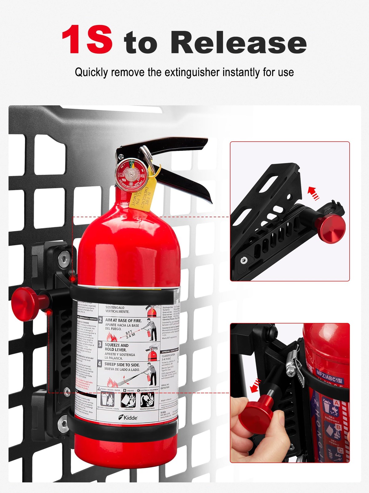 MOLLE Panel Fire Extinguisher Mount Kit Fits 1-2 Inch Rigid Holes 4 Clamps