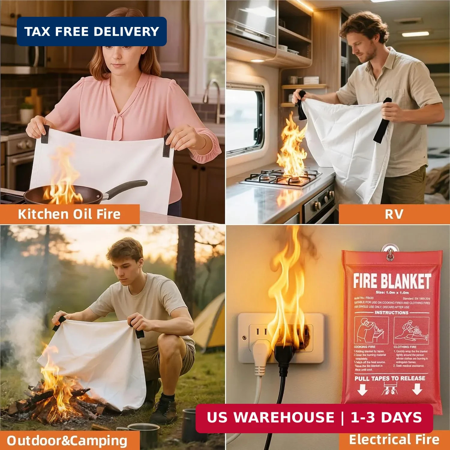 Fire Blanket 6 Pack – 40″ x 40″ CE Certified Fiberglass Prepared Emergency Fire