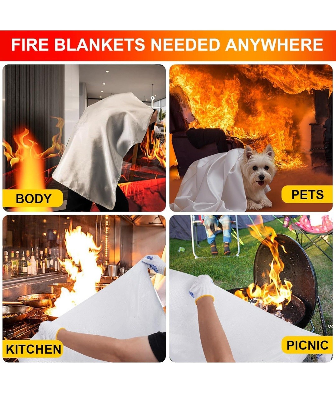 4pk Large 4’x4′ Fire Blanket Fireproof For Home Office Caravan Emergency Safety