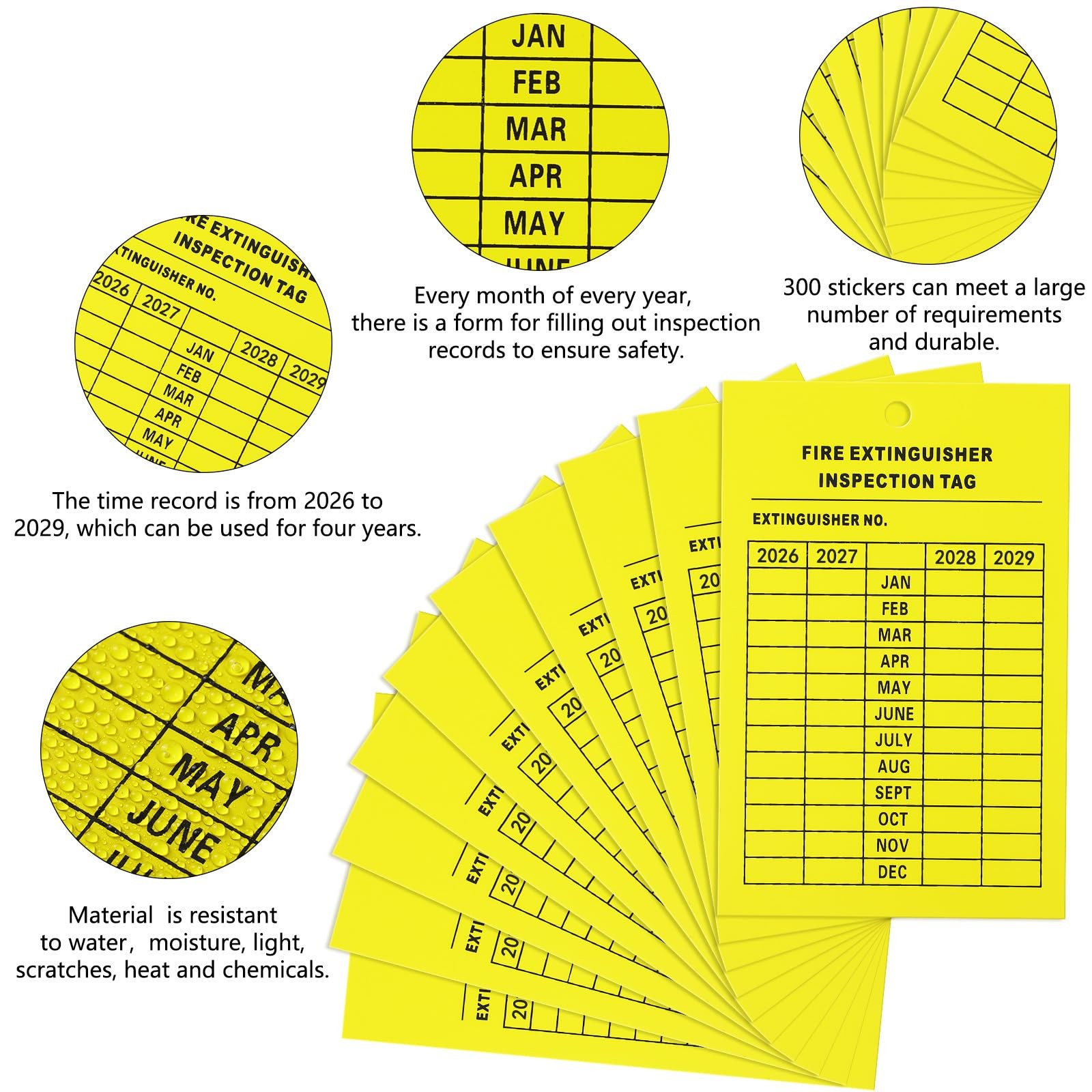 Monthly Fire Extinguisher Inspection Tags Record 4-Year 3.26 x 5 inch, Yellow