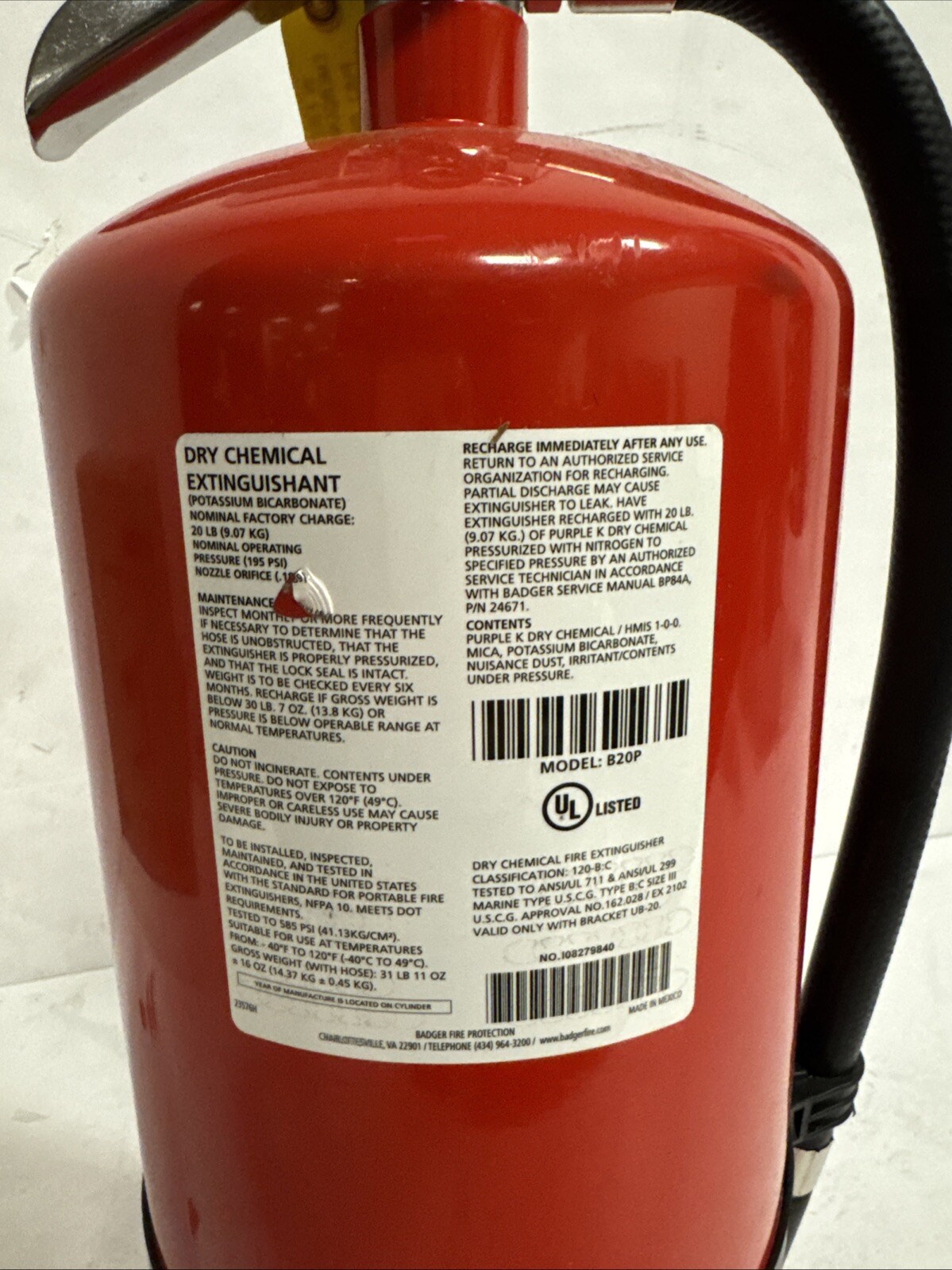 BADGER B20P-HF Fire Extinguisher,Steel,Red
