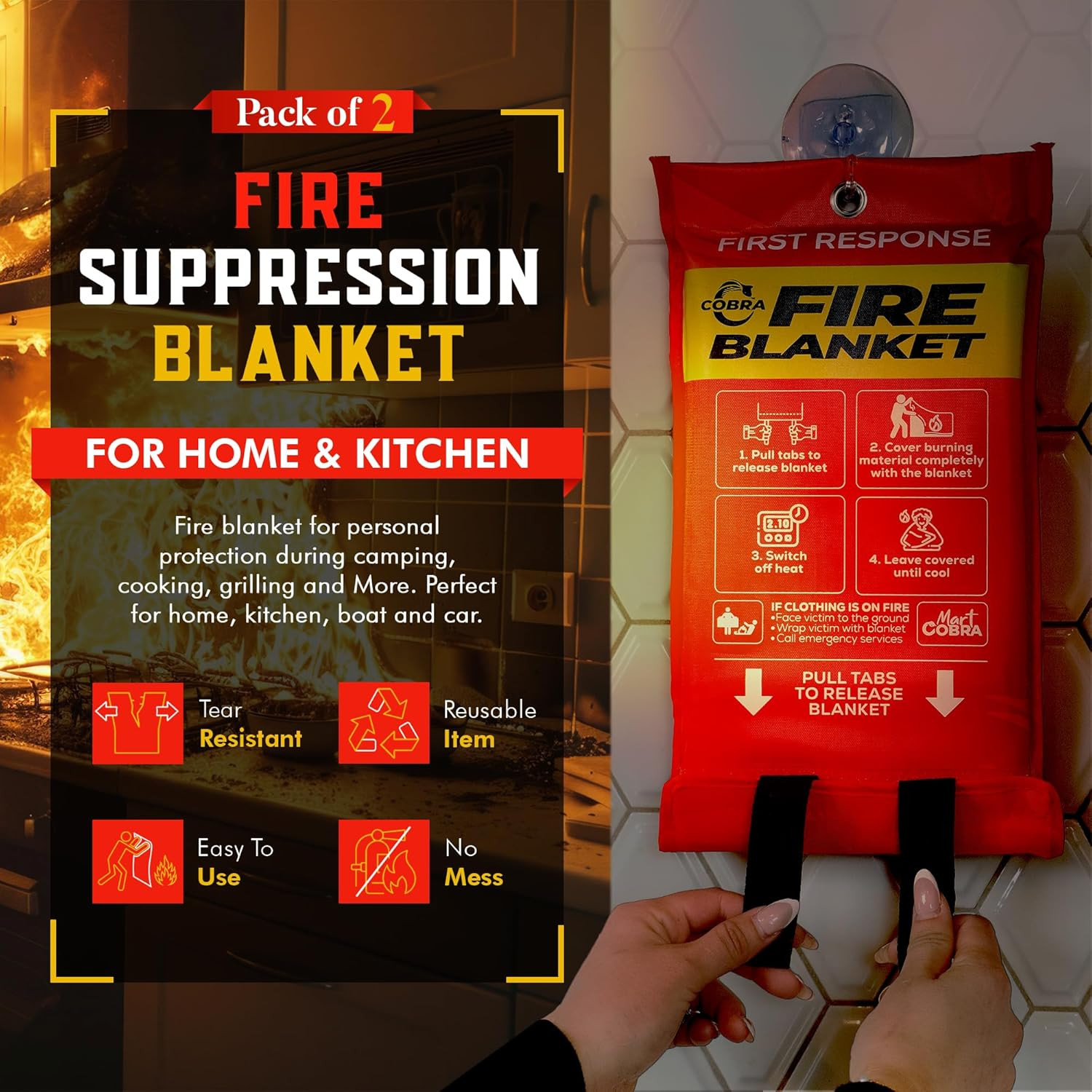Emergency Fire Blanket for Home & Kitchen 2-Pack Safety | Fiberglass Extinguishe