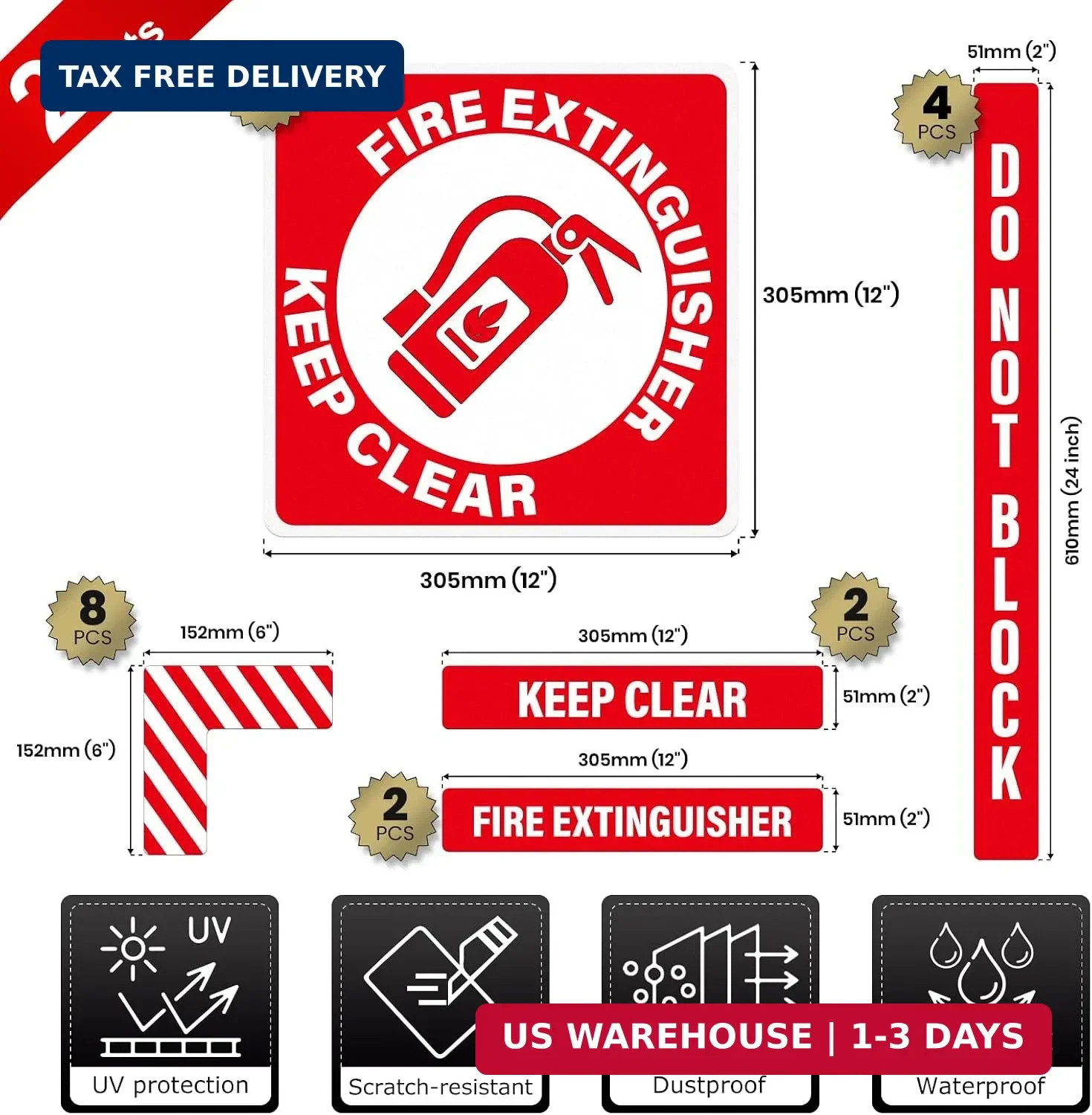 2 Pack Fire Extinguisher Keep Clear Do Not Block Floor Signs Red | Self-Adhesive