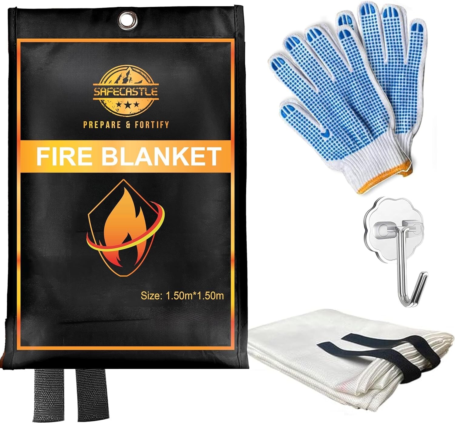 SAFECASTLE 4 Fire Emergency Survival Kit Blanket (59″x59″) with 2 Hook and Glove