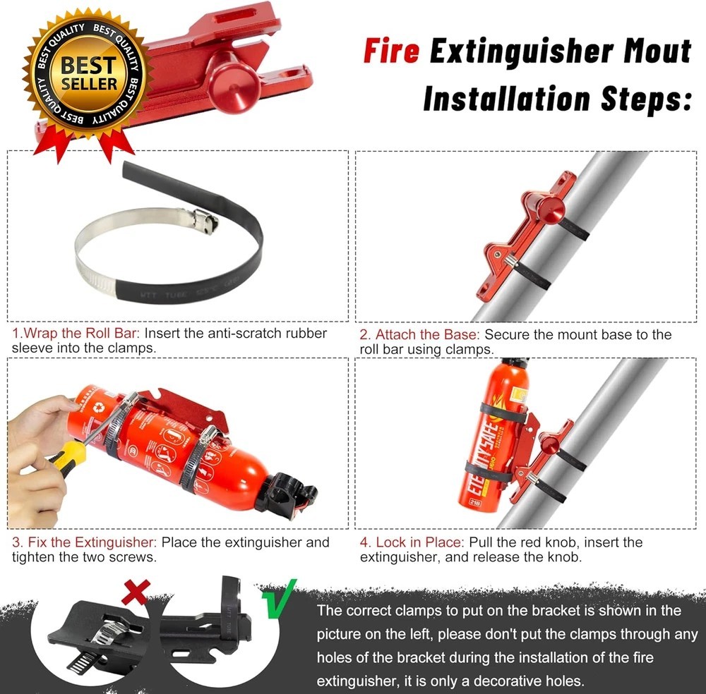 Quick Release Fire Extinguisher Mount – Aluminum Adjustable UTV Roll Bar Fire Ex