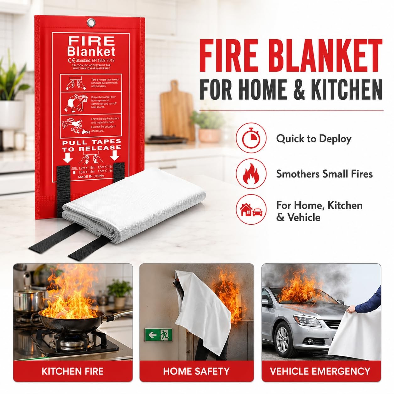 4 Pack Fire Blanket for Home and Kitchen, 40×40 Inch Fiberglass Fire Blankets…