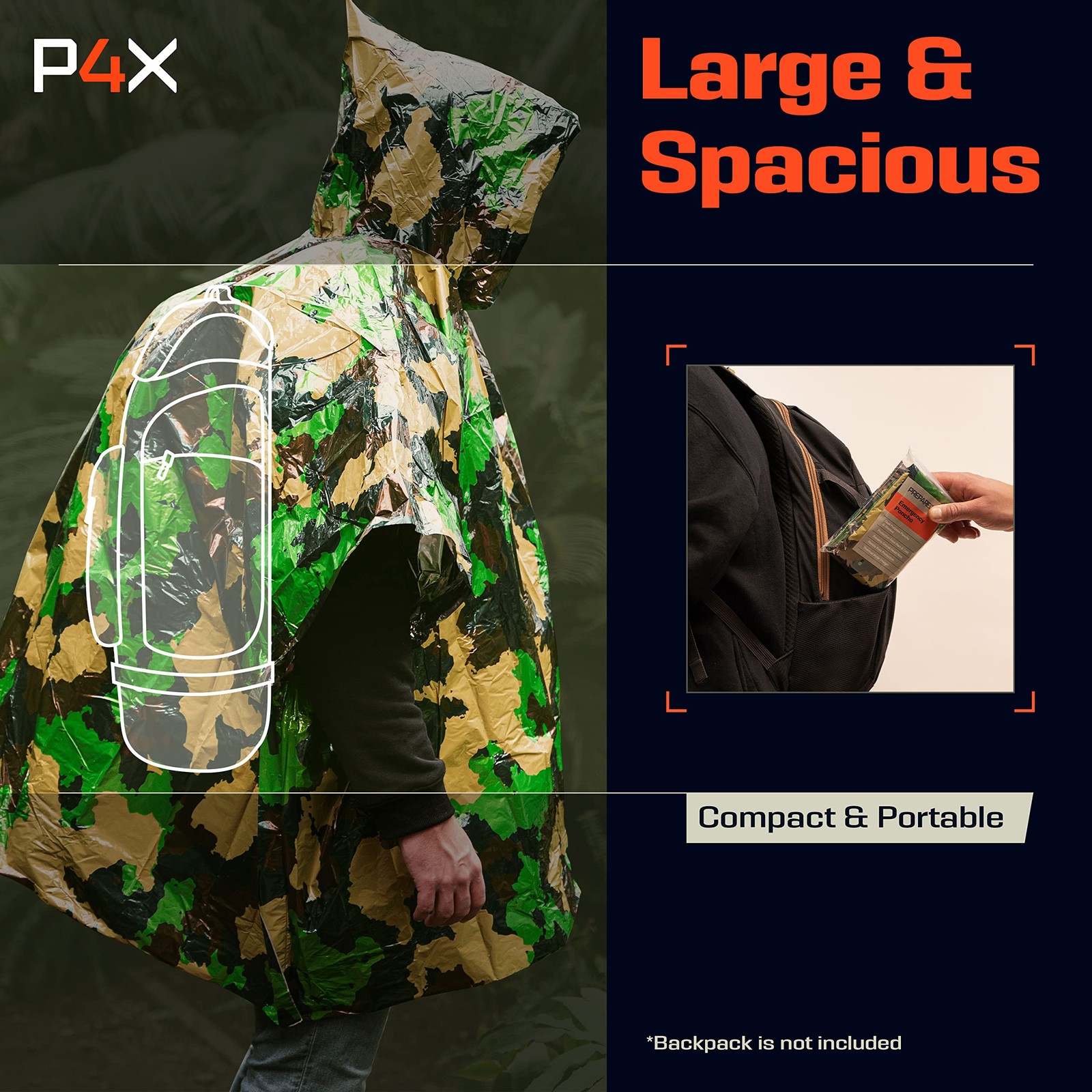 PREPARED4X Emergency Poncho with Mylar Blanket Liner – Heavy Duty Waterproof