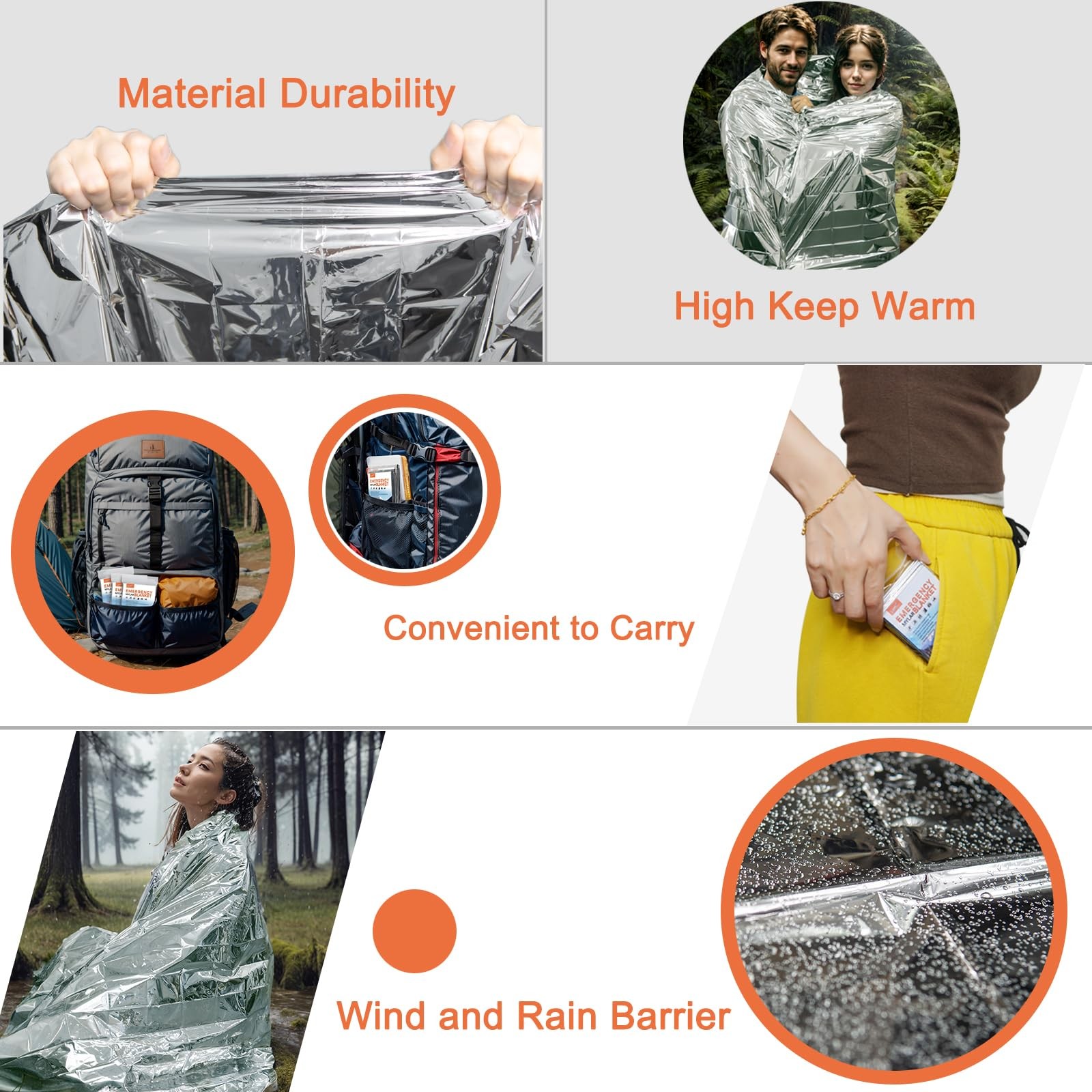 6 Pack Large 82” x 62” Survival Emergency Mylar Thermal Blankets, Thermal Su…