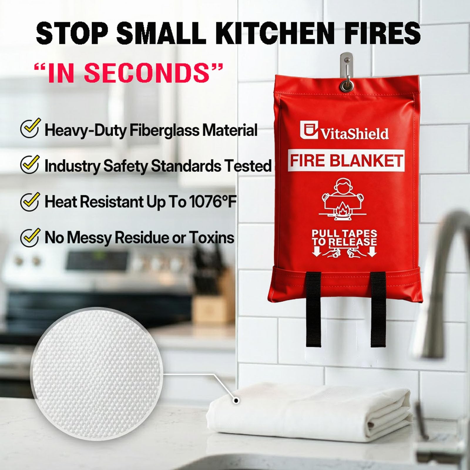 Emergency Fire Blanket for Kitchen Grease Fire, 39x39in, Easy Pull Tabs for Q…