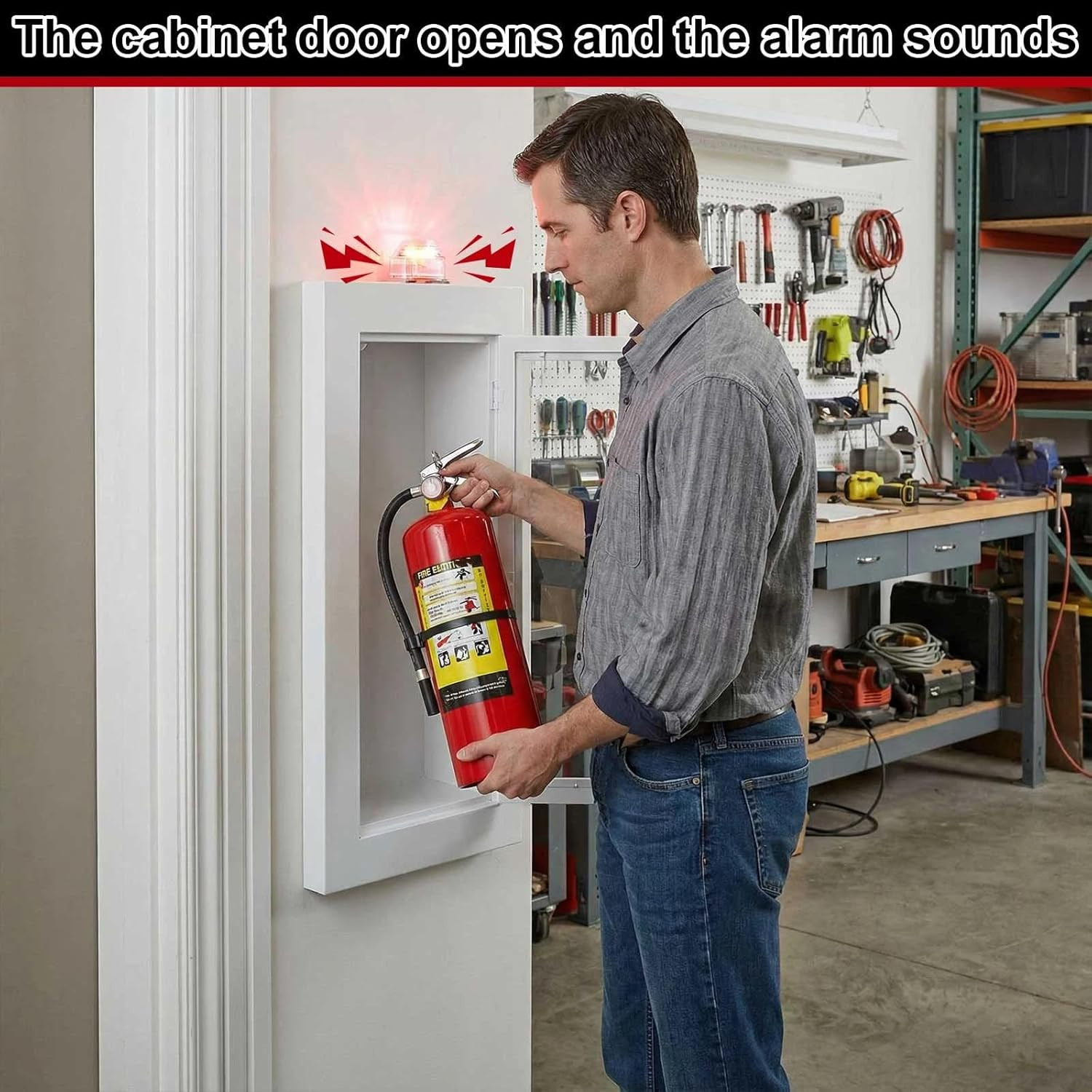 10Lb Recessed Fire Extinguisher Cabinet with Alarm, White Steel Wall-Mounted Saf