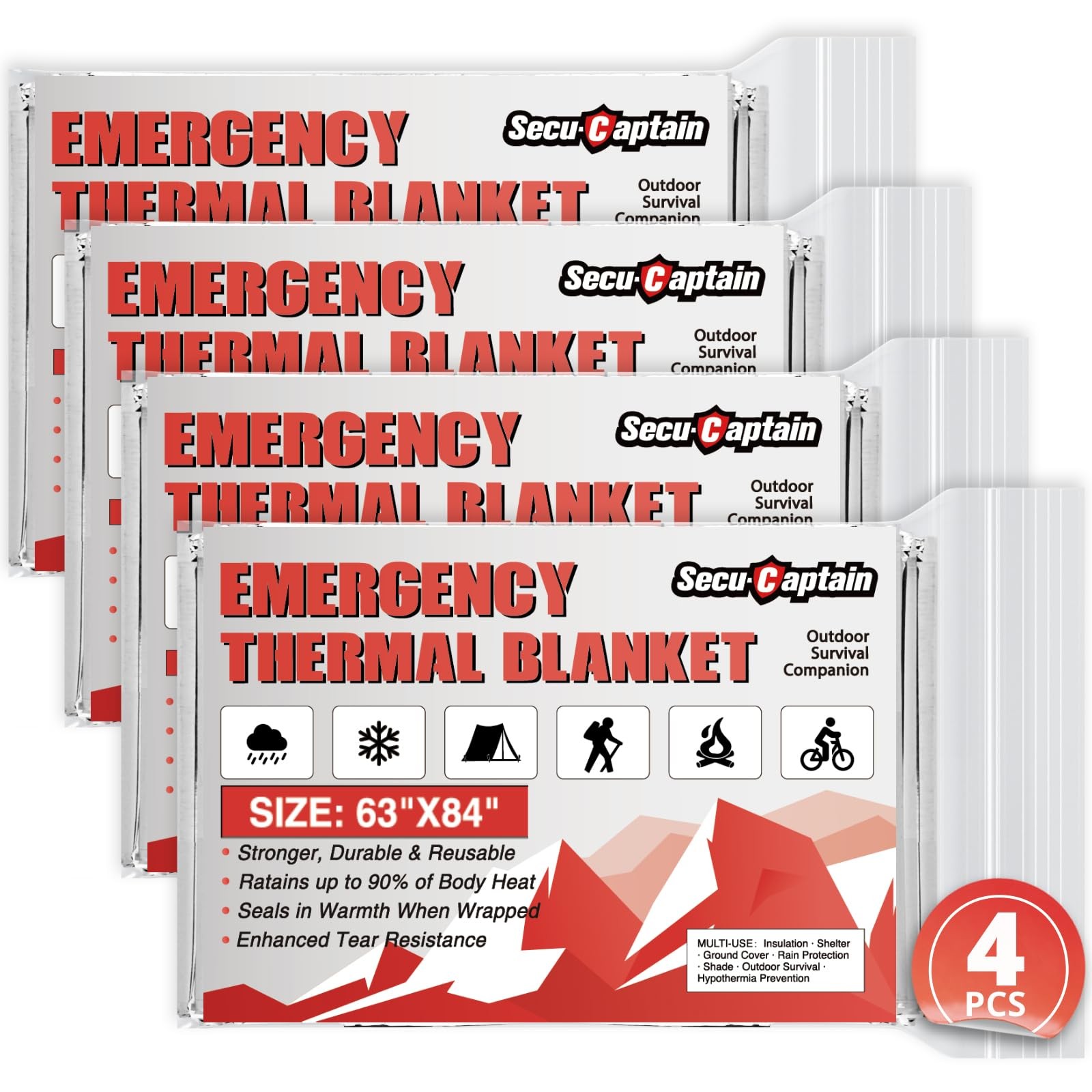 Emergency Thermal Blanket Mylar Extra Large 84x63in 4Pcs Camping Hiking Car