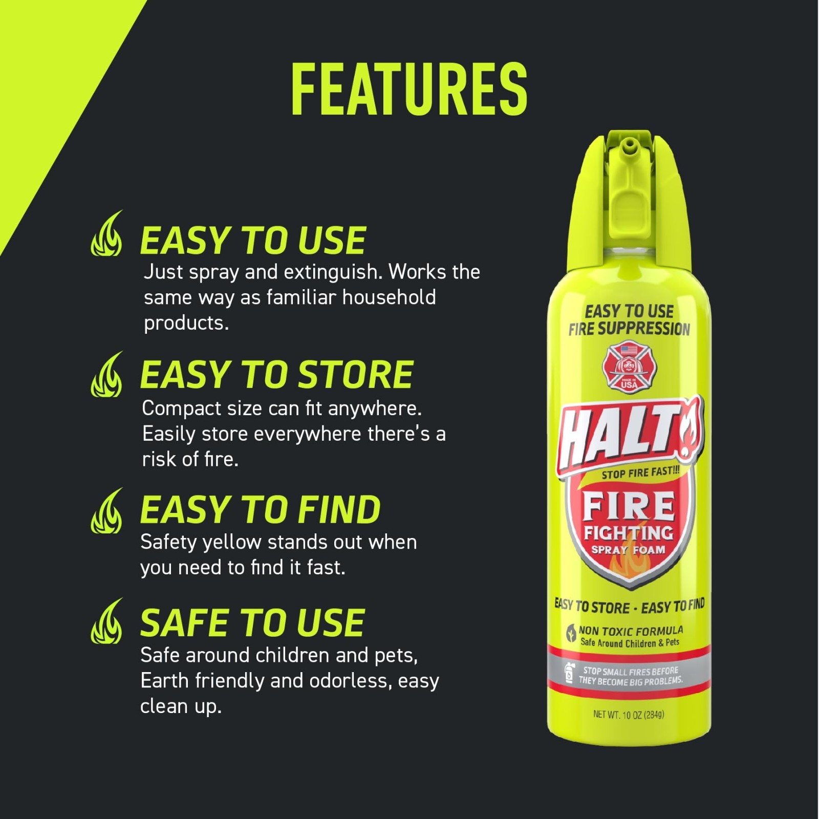 10oz Non-Toxic Fire Safety Spray – PFAS-Free Handheld Suppressor, Portable for H