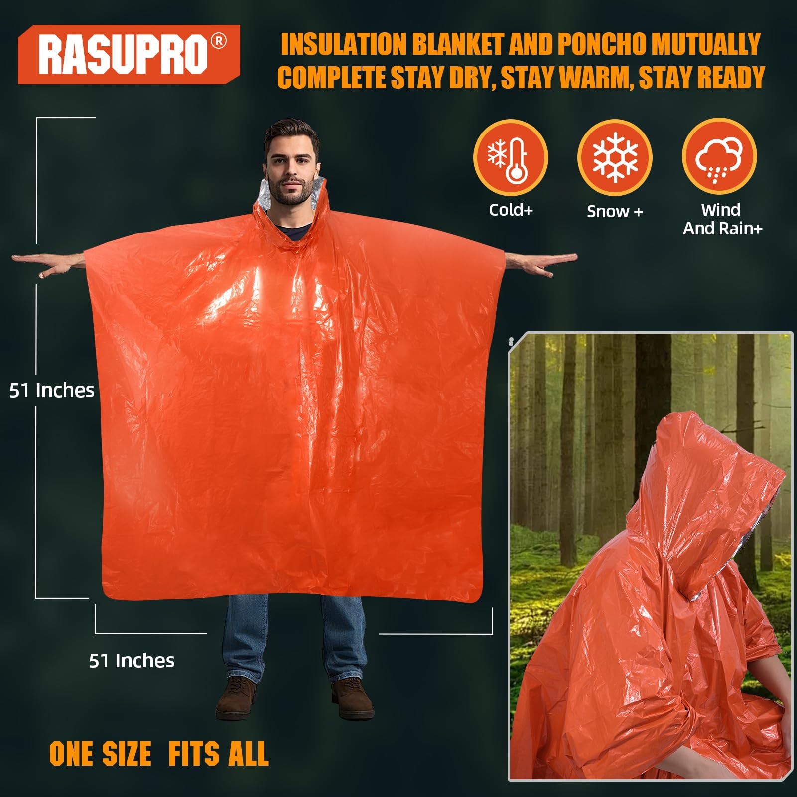 4 Pack Emergency Ponchos w/ Mylar Lining Waterproof Thermal Survival Orange Gear