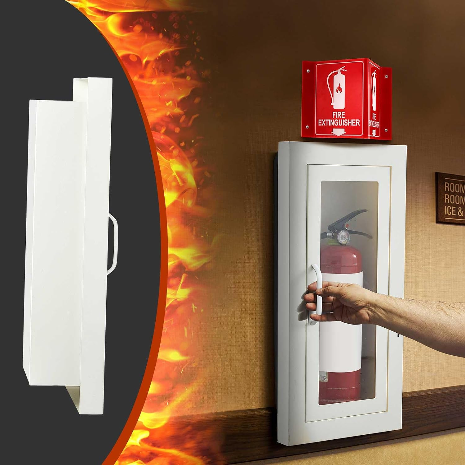 Semi-Recessed Fire Extinguisher Cabinet with Magnetic Door, White Steel Box