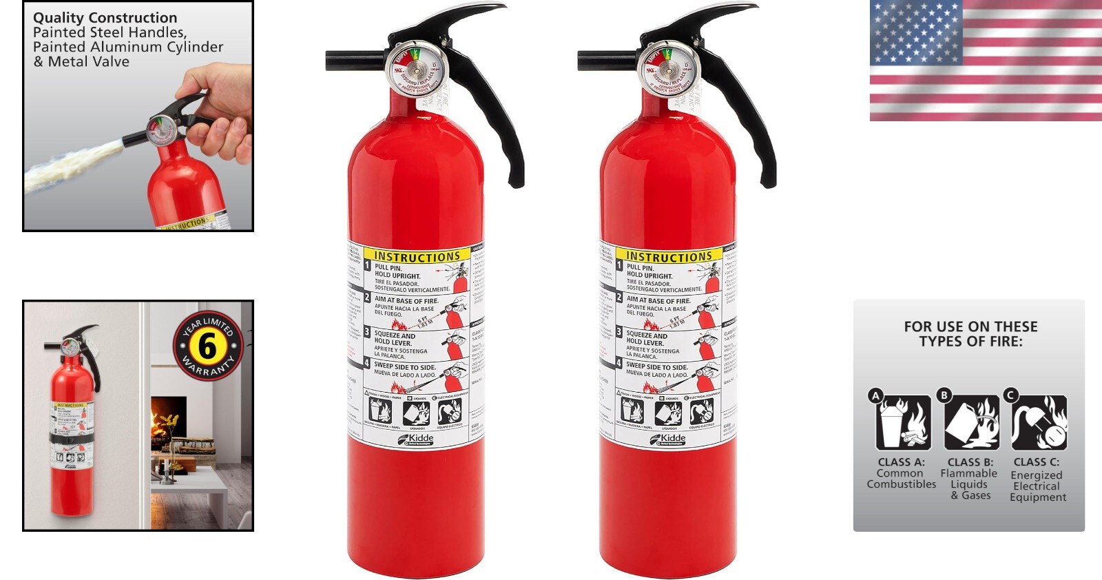 Home Fire Extinguisher 1-A:10-B:C – Dry Chemical, 2 Pack with Mounting Bracket