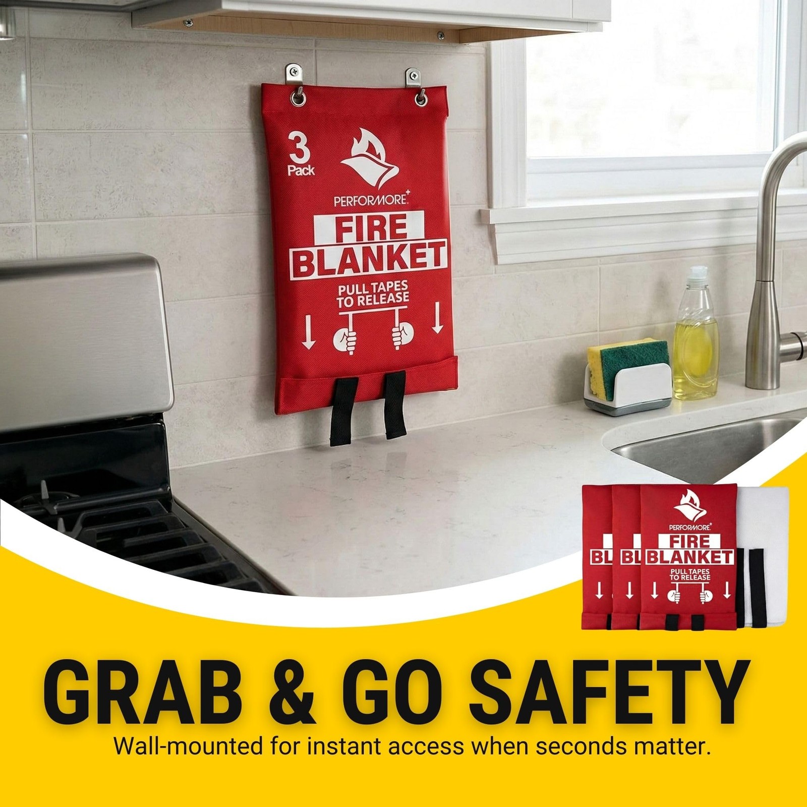 3-Pack Fire Blankets 40″ x 40″ Emergency Flame-Resistant Fire Suppression Bla…
