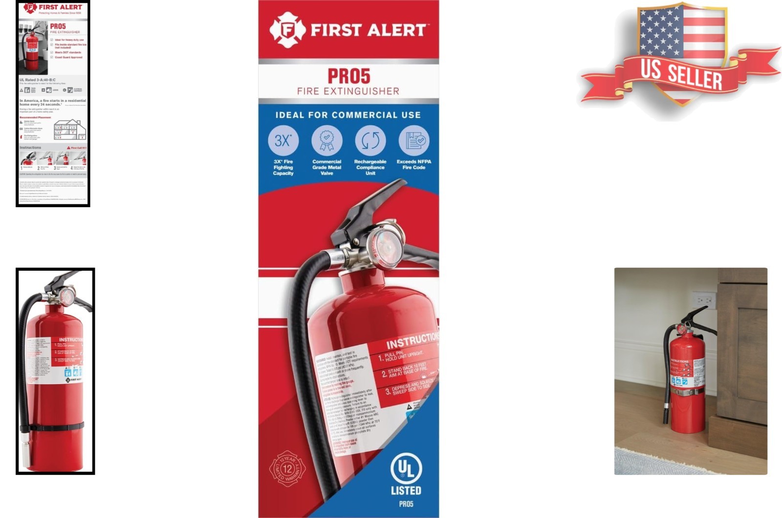 Indoor/Outdoor Rechargeable Fire Extinguisher, Rated 3-A:40-B:C, with Bracket
