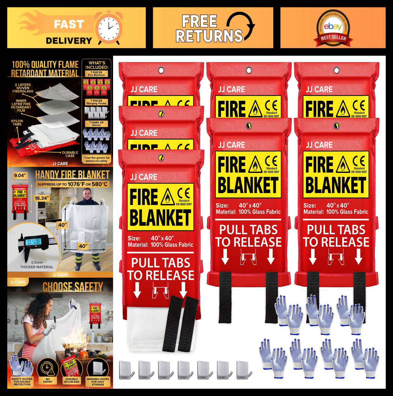 Fire Blanket 7 Pack with Hooks & Gloves – 40″x40″ Emergency Heat Resistant Safet