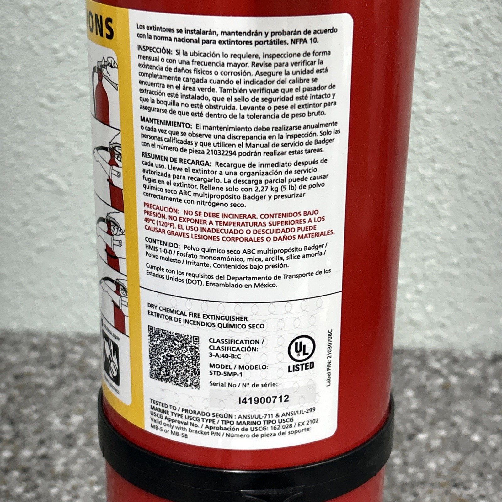 BADGER Fire Extinguisher: 10 lb Extinguisher, STD-5MP-1 ABC 5 lb Agent Charge