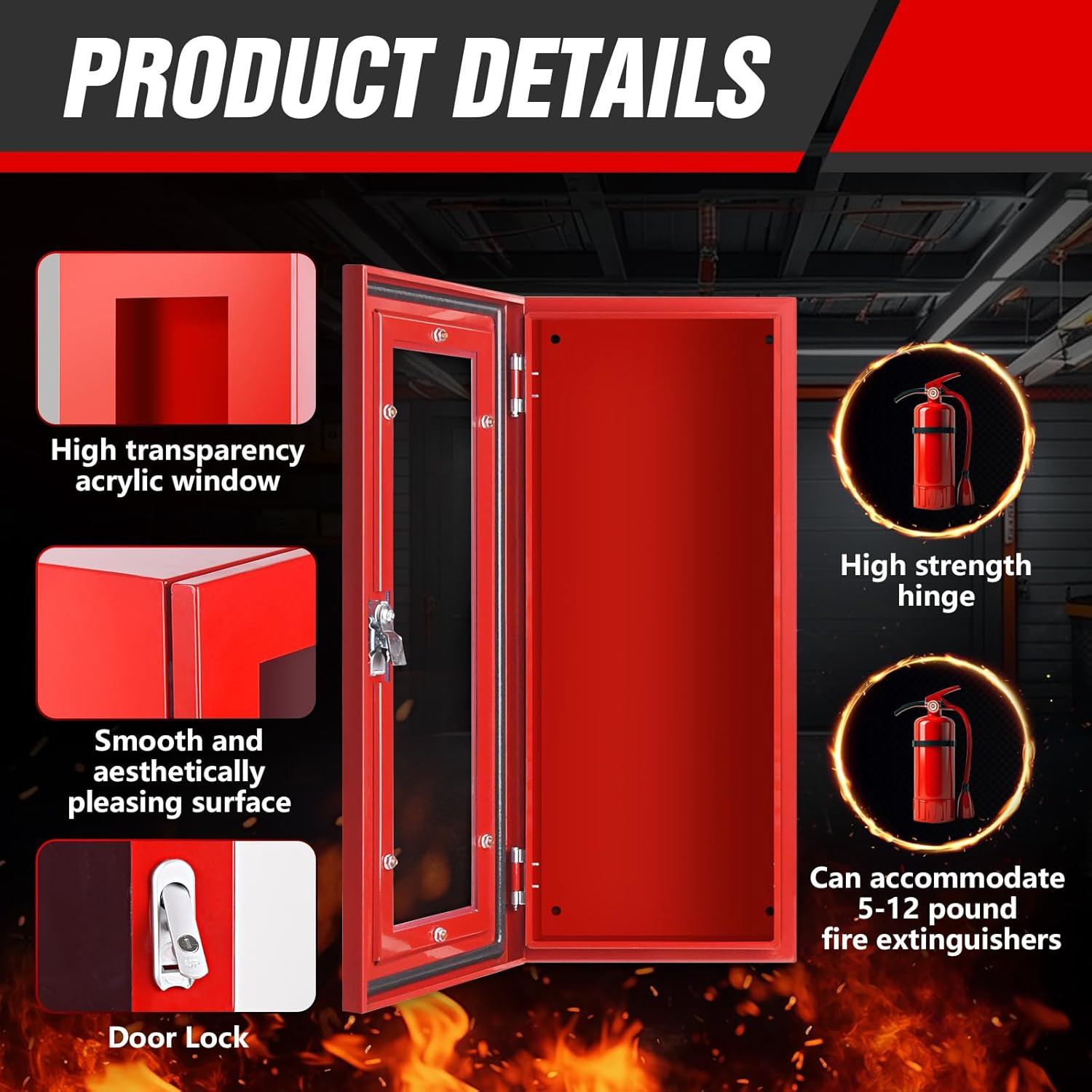 Red Steel Fire Extinguisher Cabinet with Lock & Clear Door, 5-12 lbs