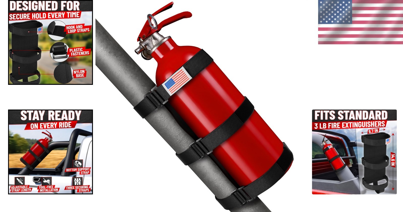 Patriotic Fire Extinguisher Mount with Quick Release for UTV & Off-Road Use