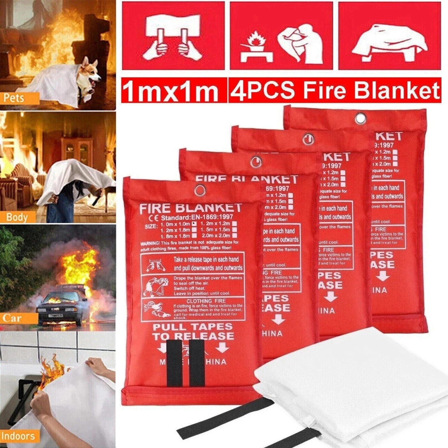 4-PACK FIRE BLANKET Fiberglass Hero 39”x39” Emergency Home Retardant Prepared