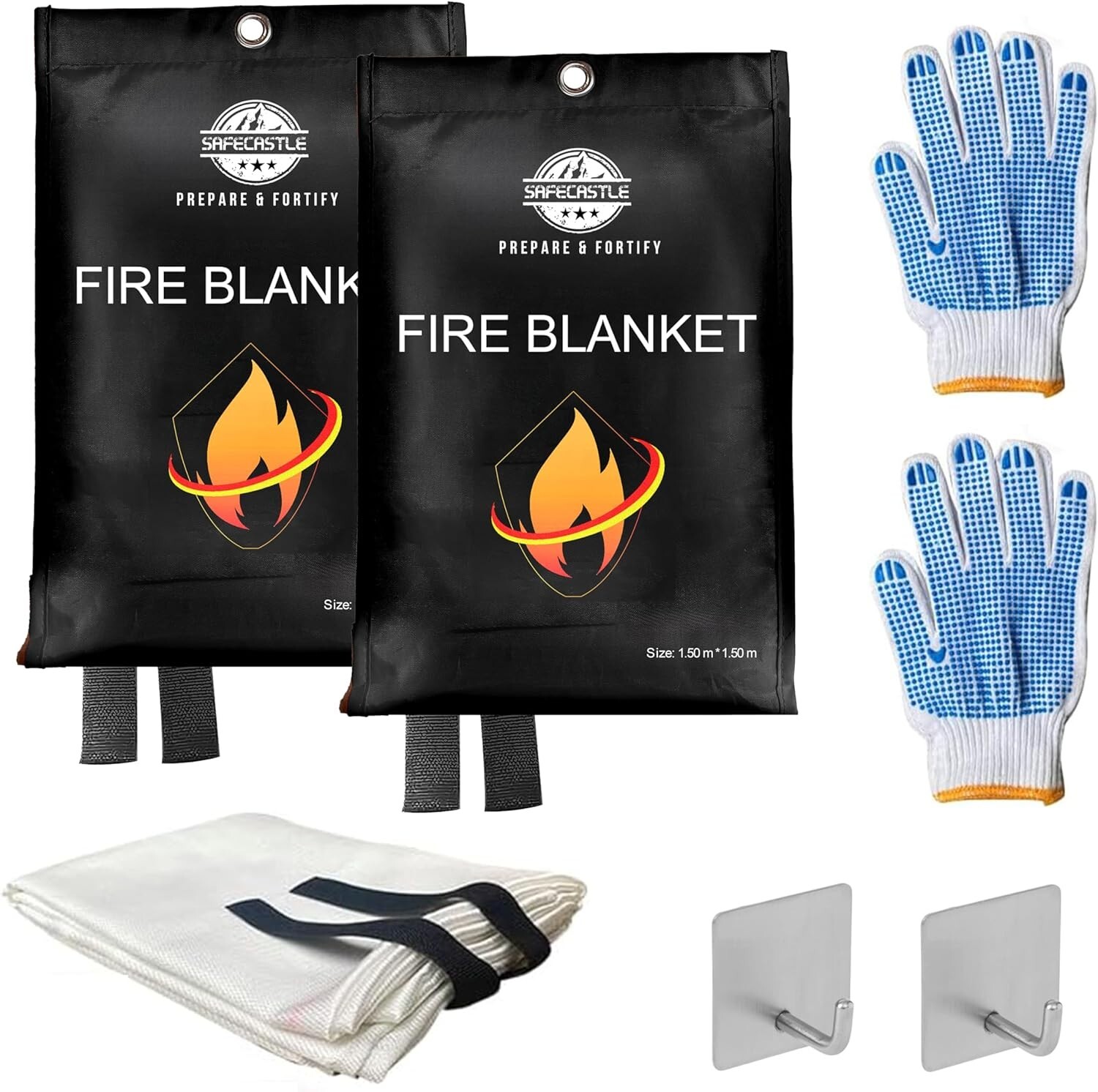 Fire Blanket Emergency Survival Kit 2 Pack 59″x59″ + 2 Hooks & 2 Gloves Safety