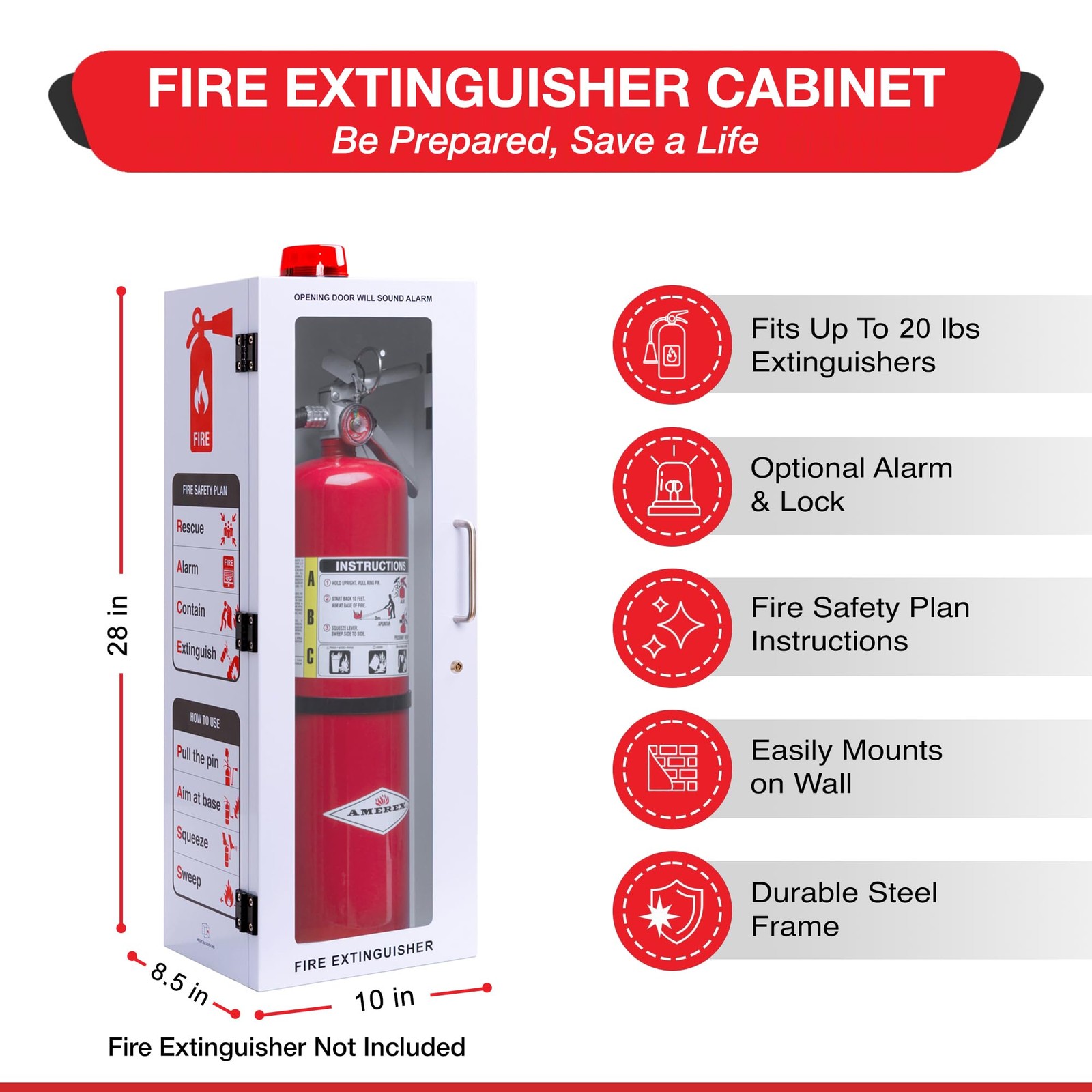 Outdoor 20 lb Fire Extinguisher Cabinet with Alarm Lock Breakable Acrylic