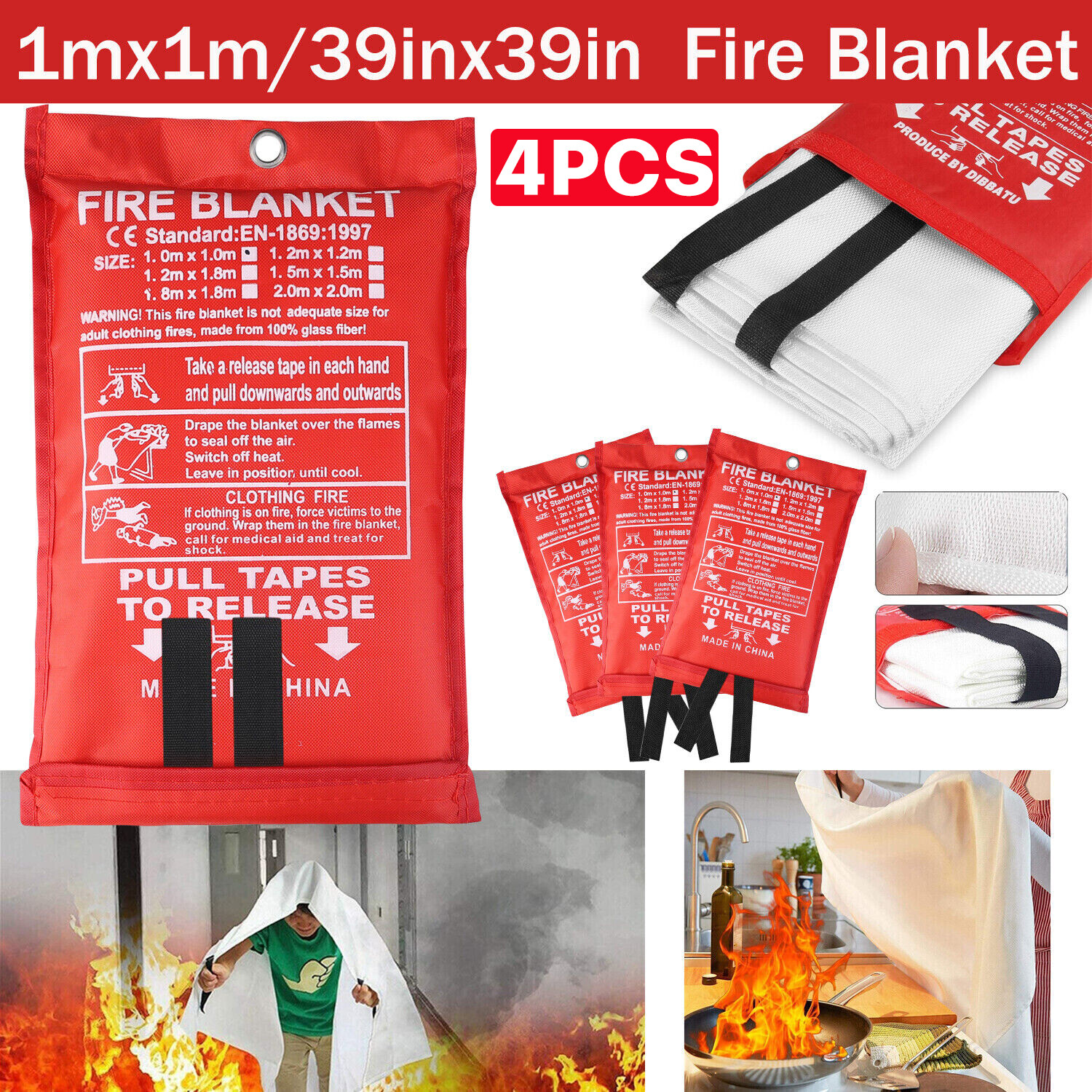 2/4x 39×39” Retardant Blankets Large Fire Blanket Fiberglass Prepared Emergency