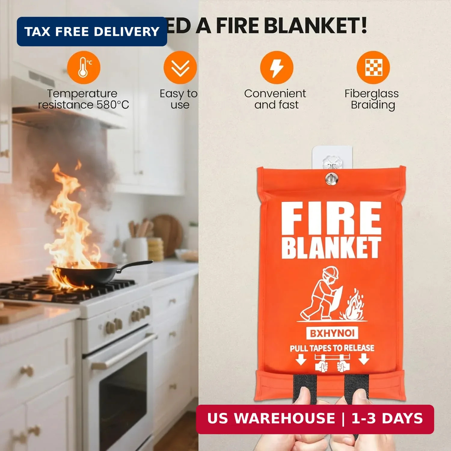 Emergency Fire Blanket 4 Pack 40″x40″, Essential Fire Safety Blanket for Kitchen