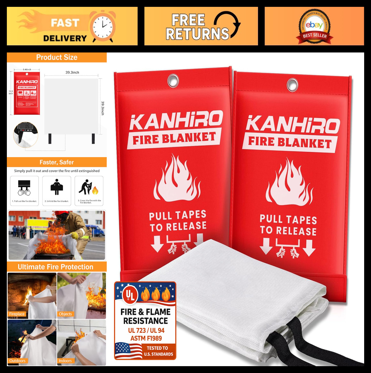 Emergency Fire Blanket 2 Pack – Fiberglass Fire Suppression for Home, Kitchen, G