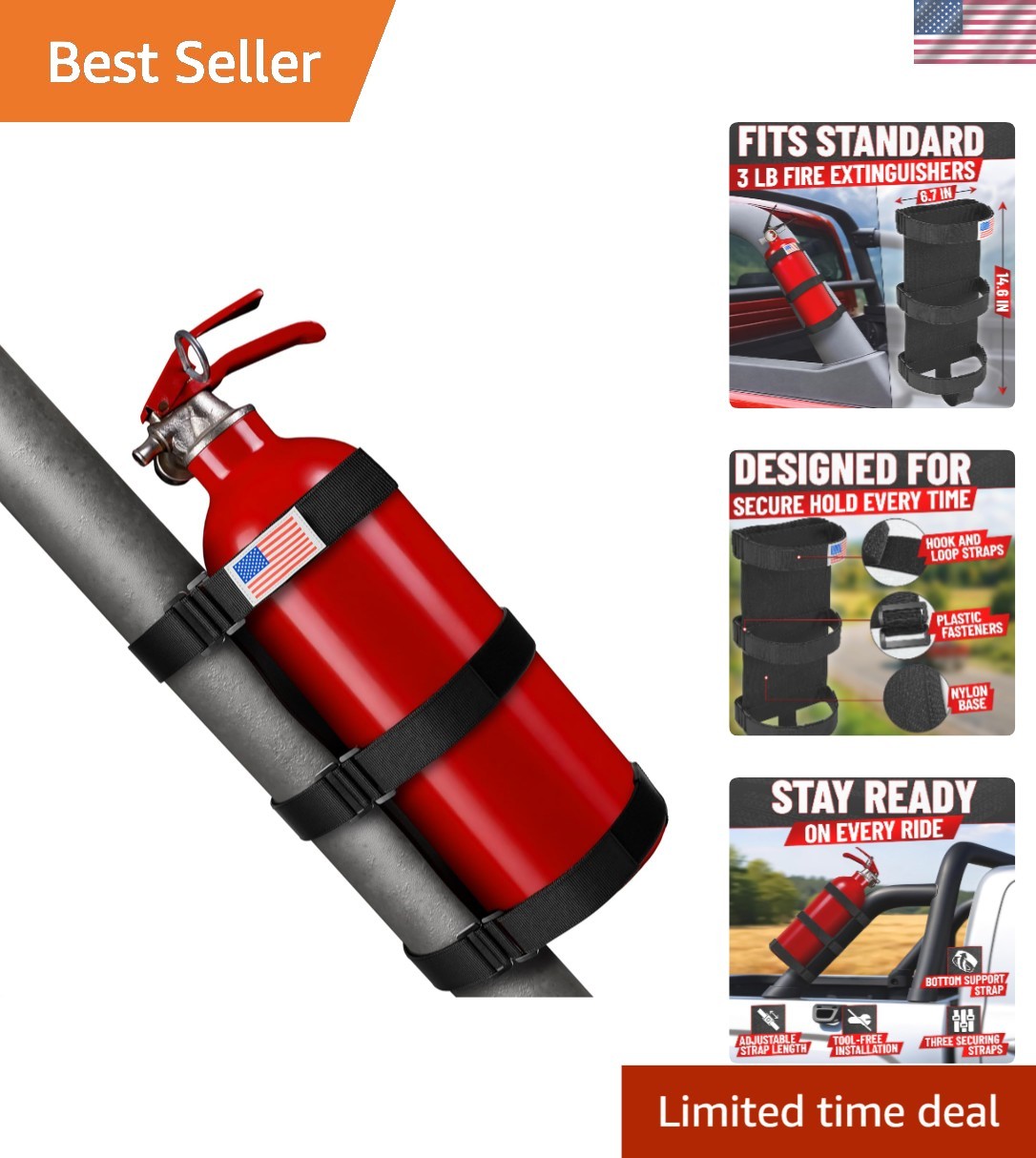 Patriotic Fire Extinguisher Mount with Quick Release for UTV & Off-Road Use