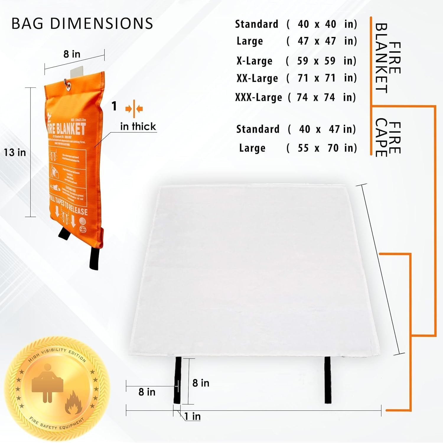 Extra Thick Fire Blanket 1500F – Glow in the Dark, 500gsm, 5pc Emergency Safety