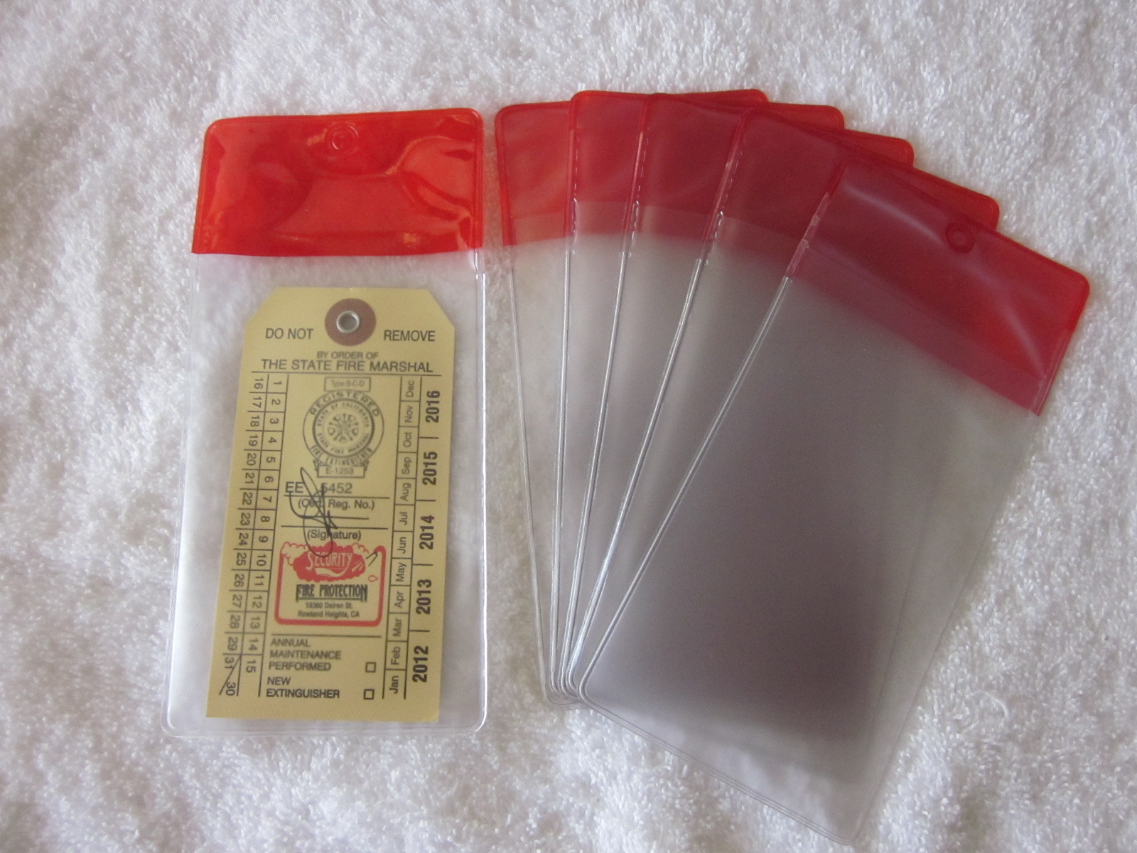 🔥🧯LOT OF 5-HEAVY DUTY FIRE EXTINGUISHER TAG COVERS (3 1/4″ X 7″)free ship 🔥🧯