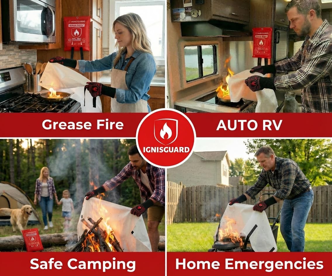 Fire Blankets 4 Pack, 40x40in with 1 Pair Fire Resistant Gloves & 4 Hooks, Fi…