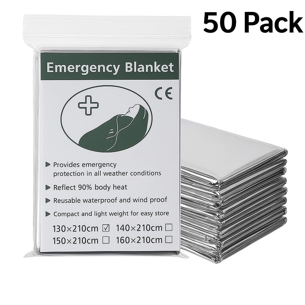 50 Pack Emergency Foil Blankets 51” x 83” – Thermal Mylar Survival Blankets I…