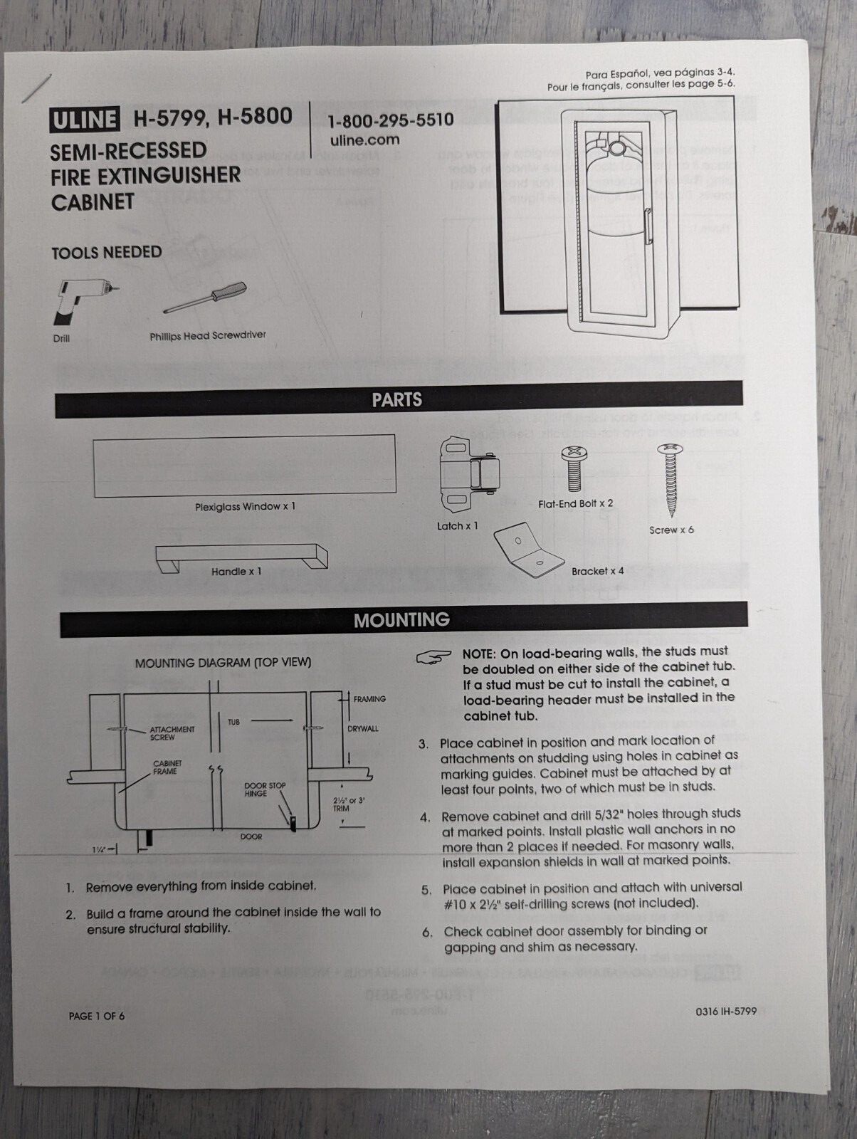 ULINE FIRE EXTINGUISHER CABINET H-5800 10 LB See Photos for Spec Sheets
