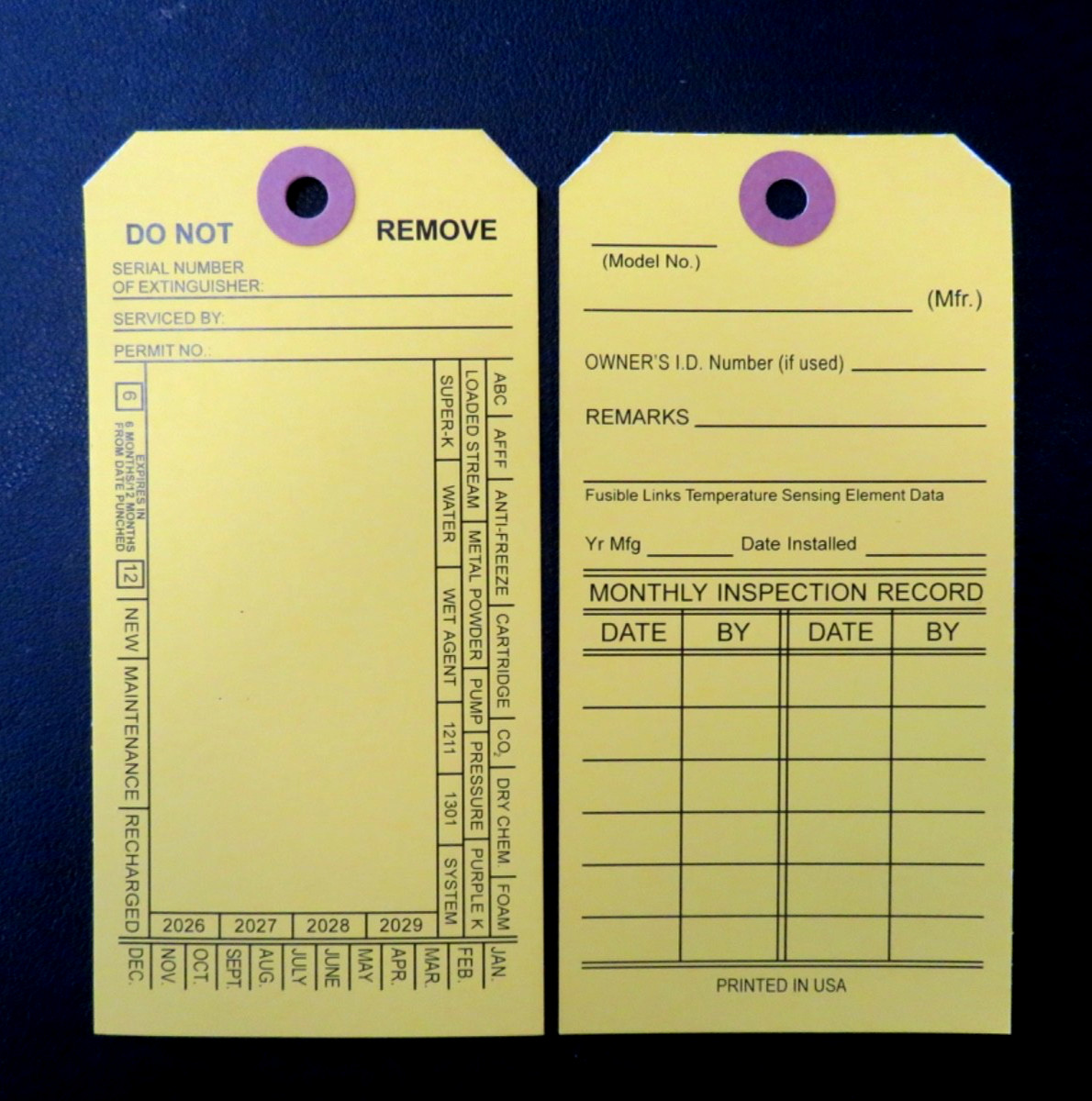 25 FIRE EXTINGUISHER DOUBLESIDE INSPECTION TAGS 2026-2029 5 1/4 X 2 ½ W/FASTENRS