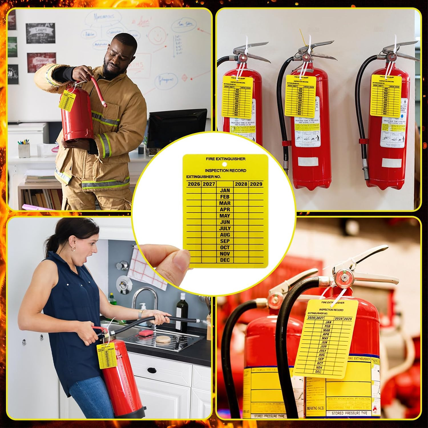 200 Pack Fire Extinguisher Tags Monthly Inspection Yellow Plastic 2026-2029 Dura