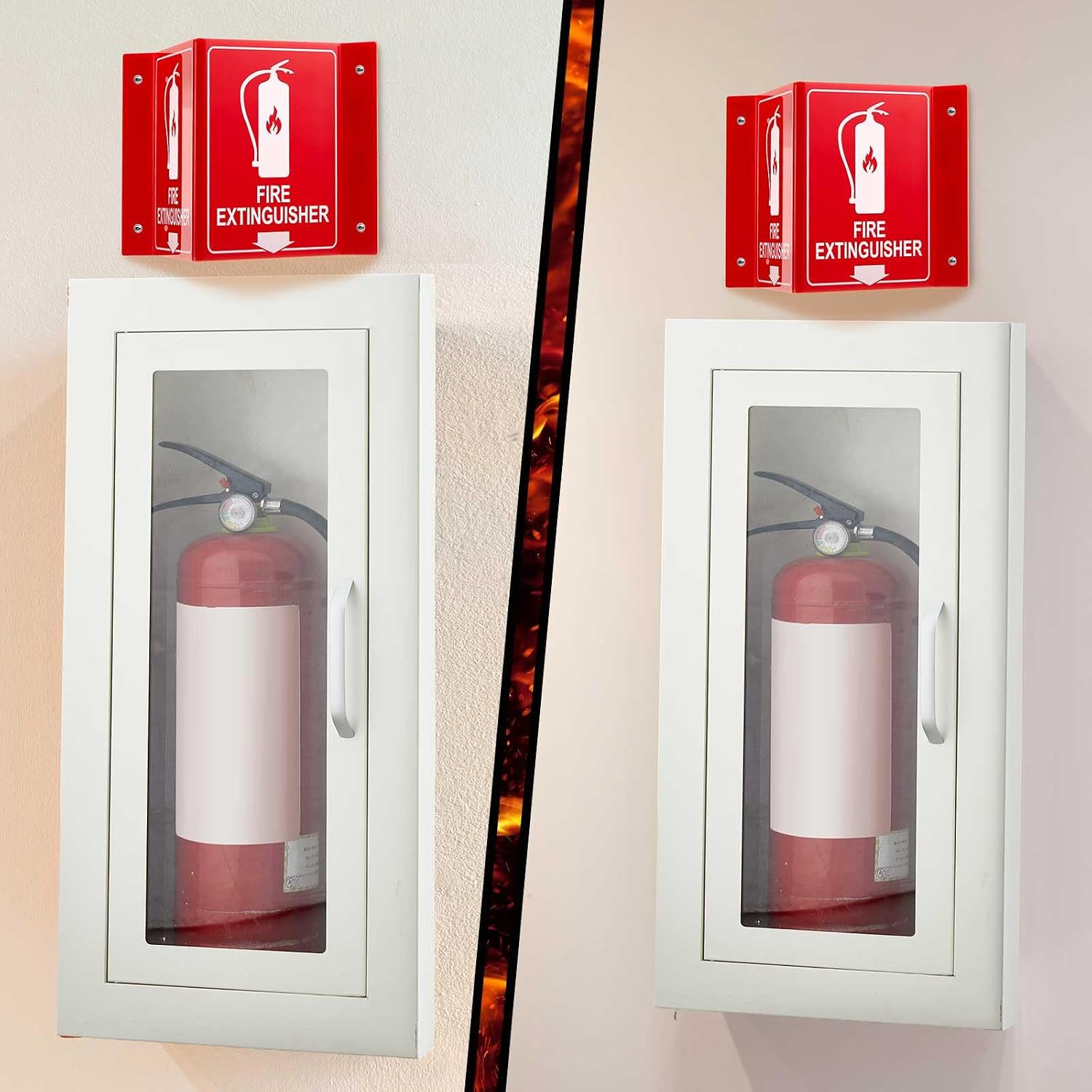Semi-Recessed Fire Extinguisher Cabinet with Magnetic Door, White Steel Box