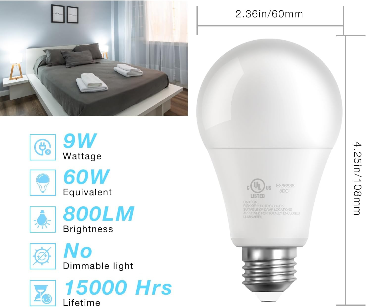 12 Pack A19 LED Light Bulbs, 60 Watt Equivalent LED Bulbs, Long Lifespan High Br