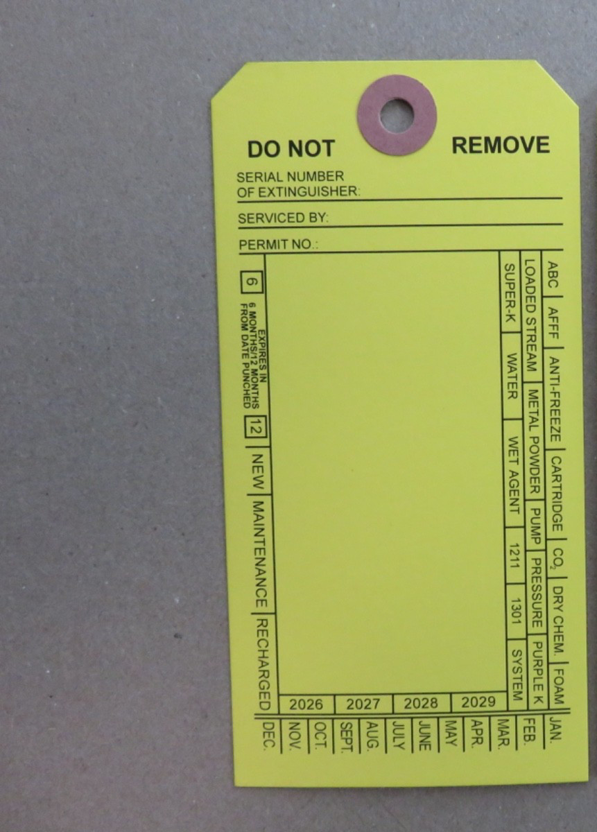 1-FIRE EXTINGUISHER 4-YEAR 2024-2027 INSPECTION Double Sided Tag 5 1/4″ X 2 ½”