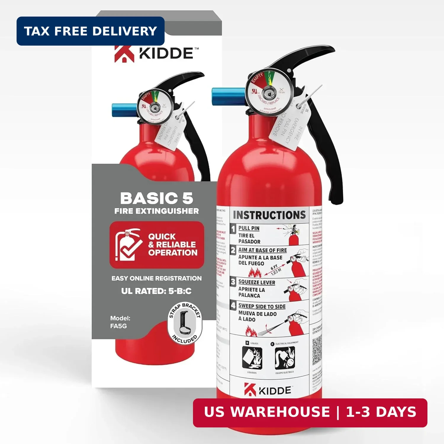 Kidde Basic Fire Extinguisher for Home, Office, Residential, Single-Use, 5BC