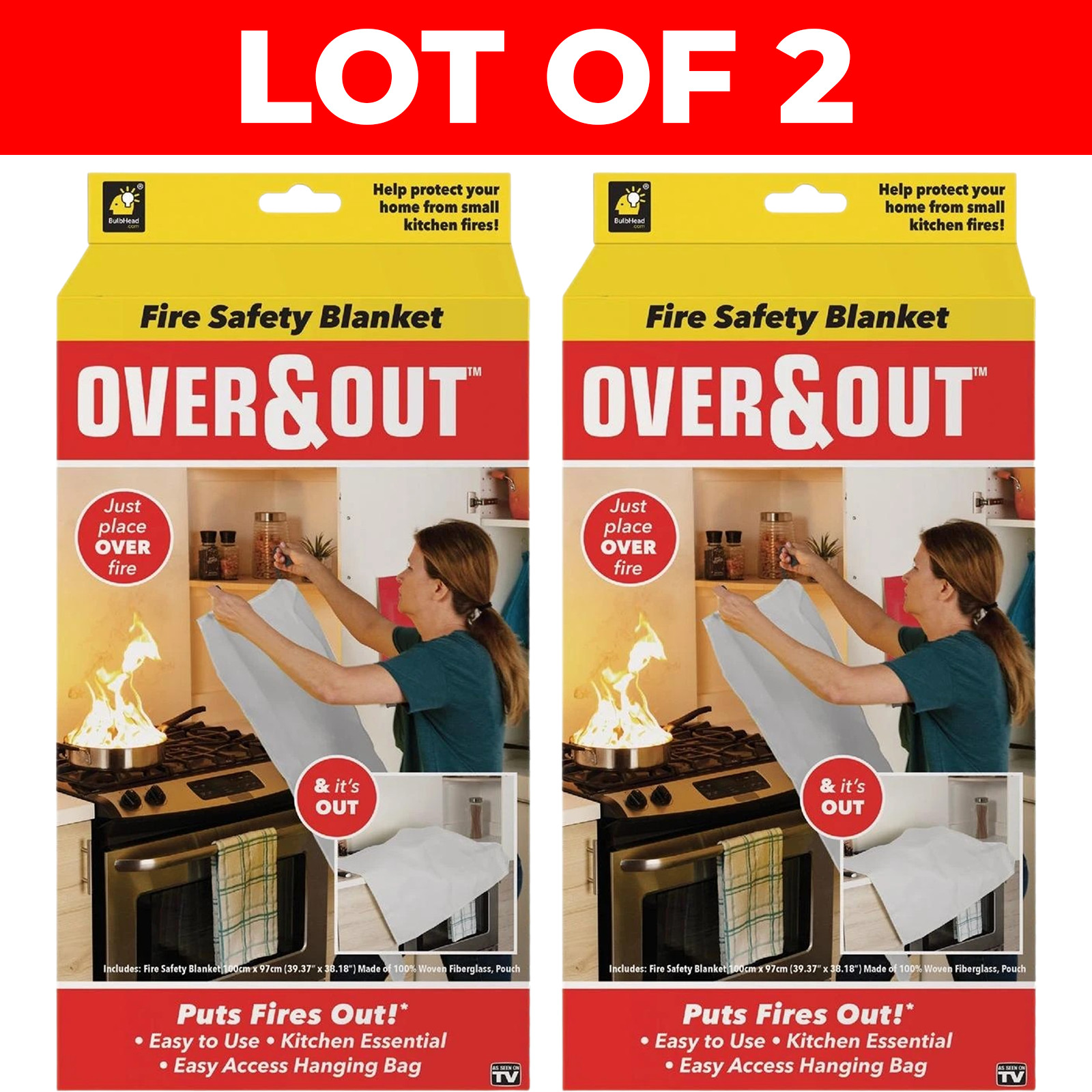 Lot of 2 Fire Safety Blankets for Kitchen Stove Fires 39.37 x 38.18 in w/ Pouch