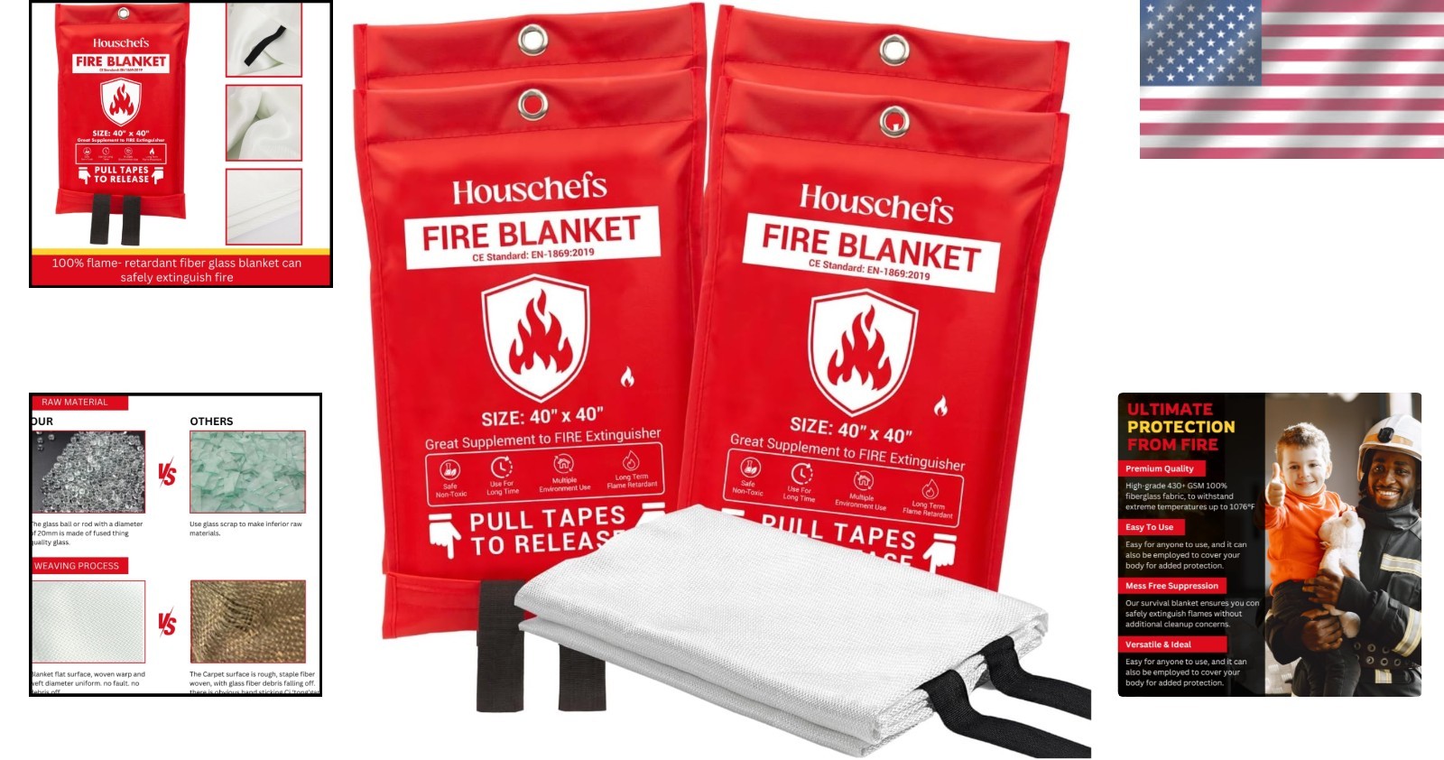 Emergency Fire Blanket – Fireproof 40” x 40” | 4 Pack for Home & Camping Safety